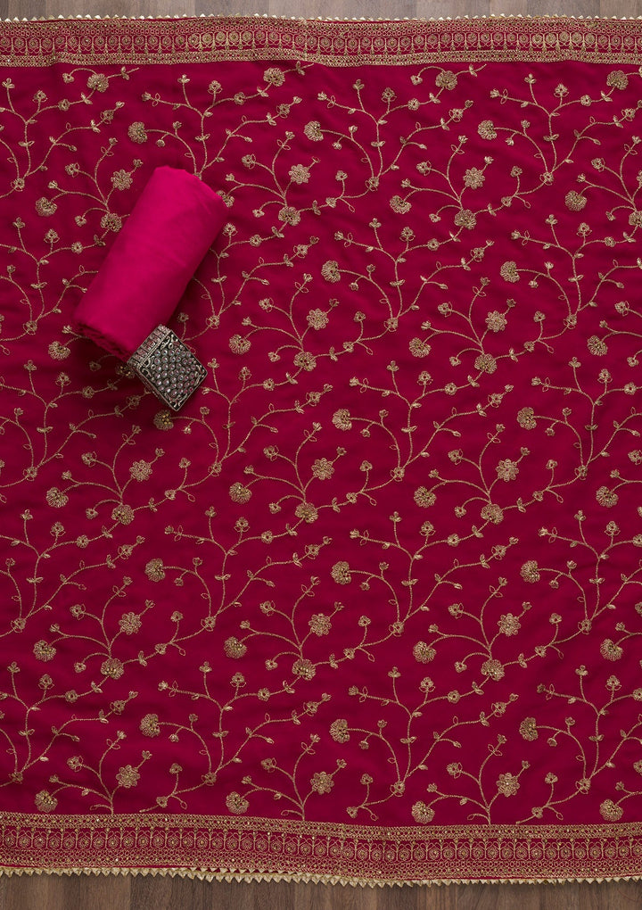 Rani Pink Zariwork Raw Silk Unstitched Salwar Suit-Koskii