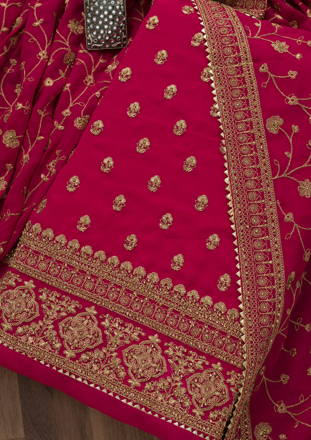 Rani Pink Zariwork Raw Silk Unstitched Salwar Suit-Koskii