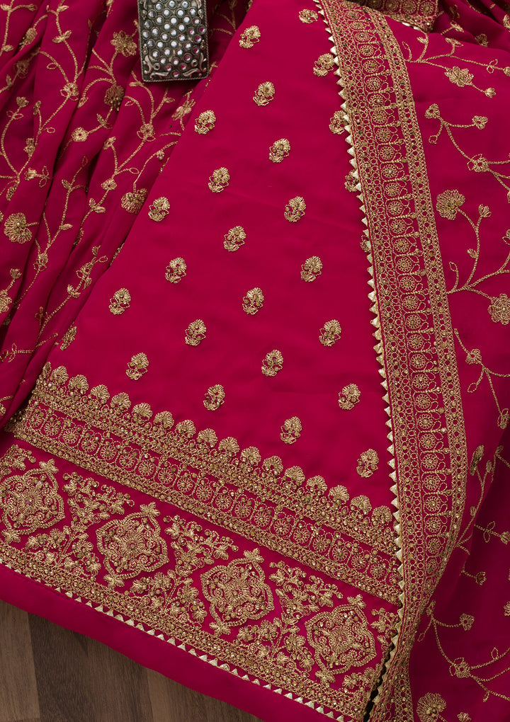 Rani Pink Zariwork Raw Silk Unstitched Salwar Suit-Koskii