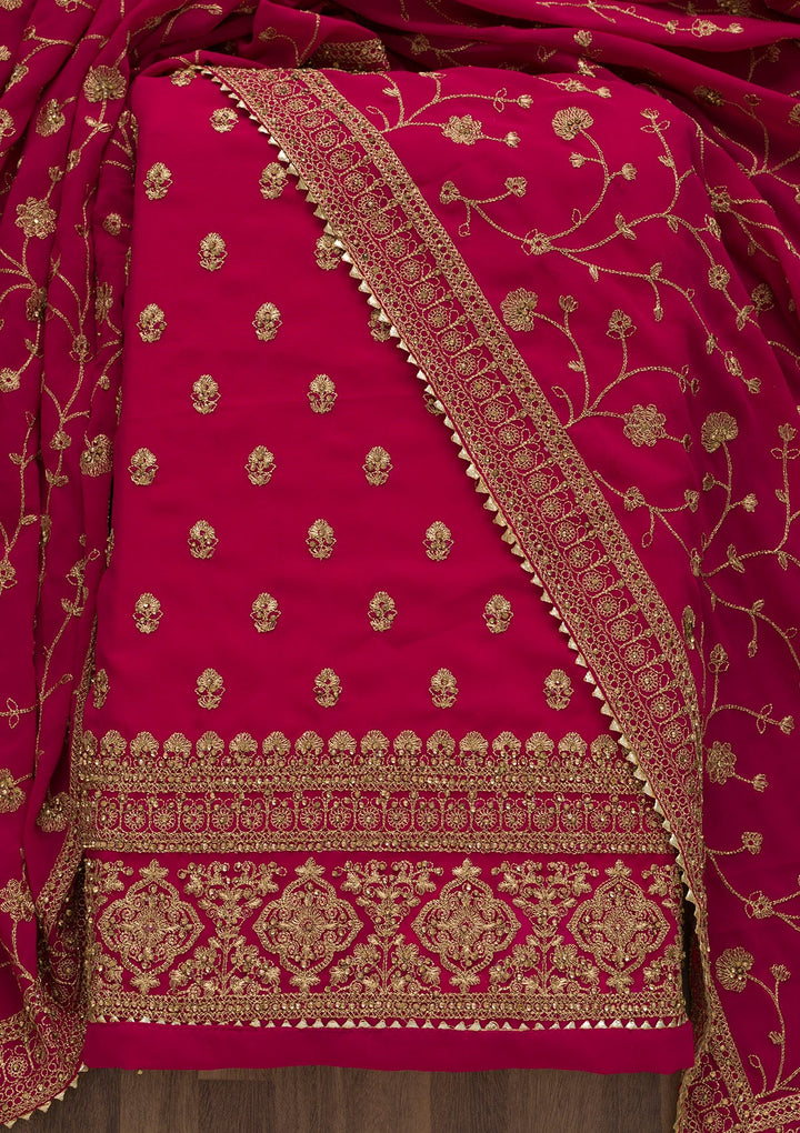 Rani Pink Zariwork Raw Silk Unstitched Salwar Suit-Koskii