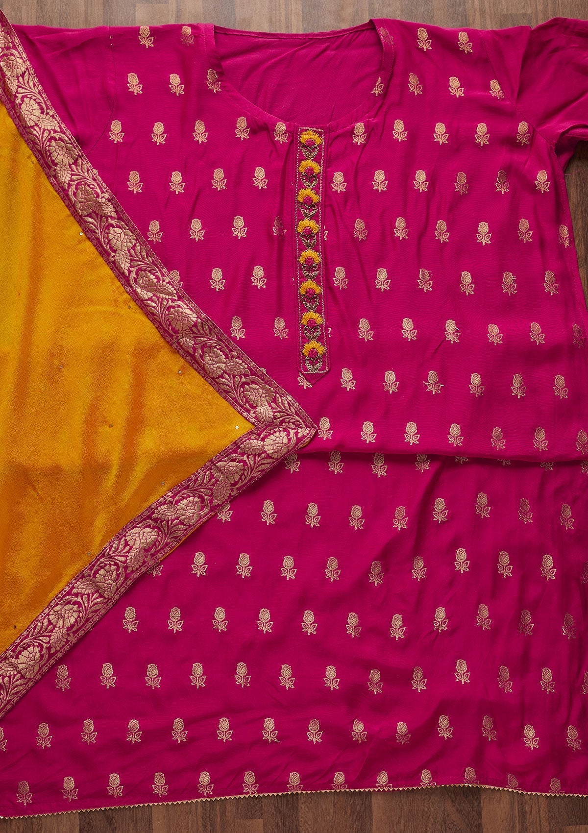 Rani Pink Zariwork Raw Silk Designer Semi-Stitched Salwar Suit - Koskii