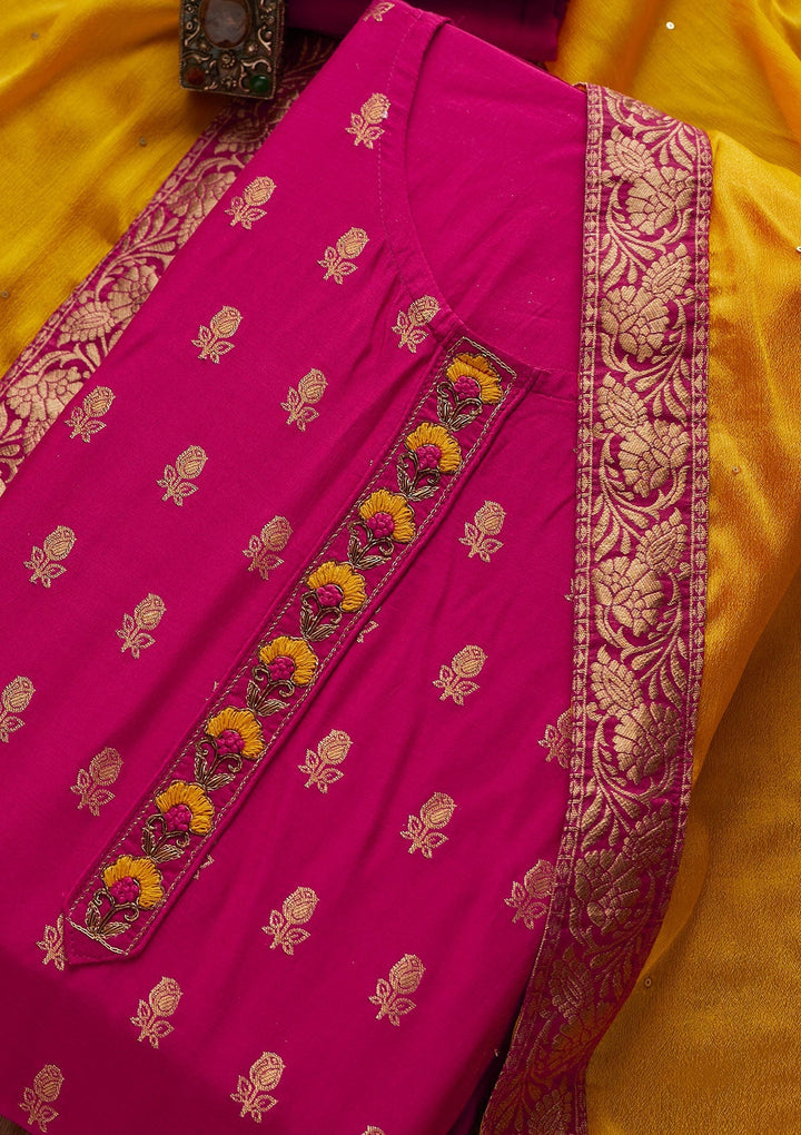 Rani Pink Zariwork Raw Silk Designer Semi-Stitched Salwar Suit - Koskii