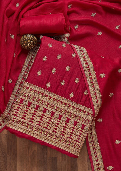 Rani Pink Zariwork Raw Silk Unstitched Salwar Suit- Koskii