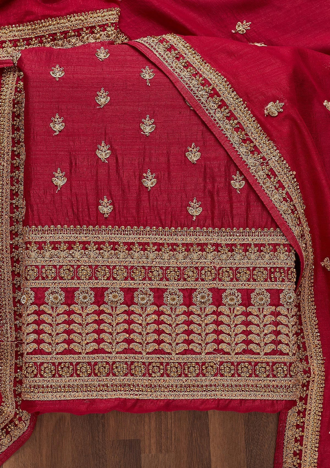Rani Pink Zariwork Raw Silk Unstitched Salwar Suit - Koskii