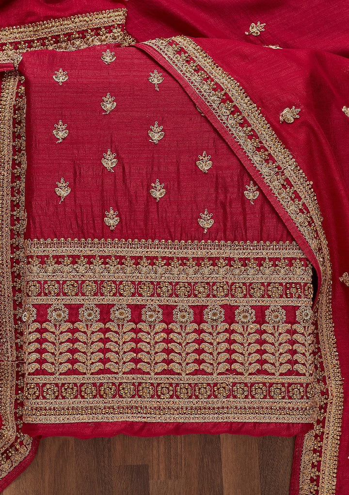 Rani Pink Zariwork Raw Silk Unstitched Salwar Suit - Koskii