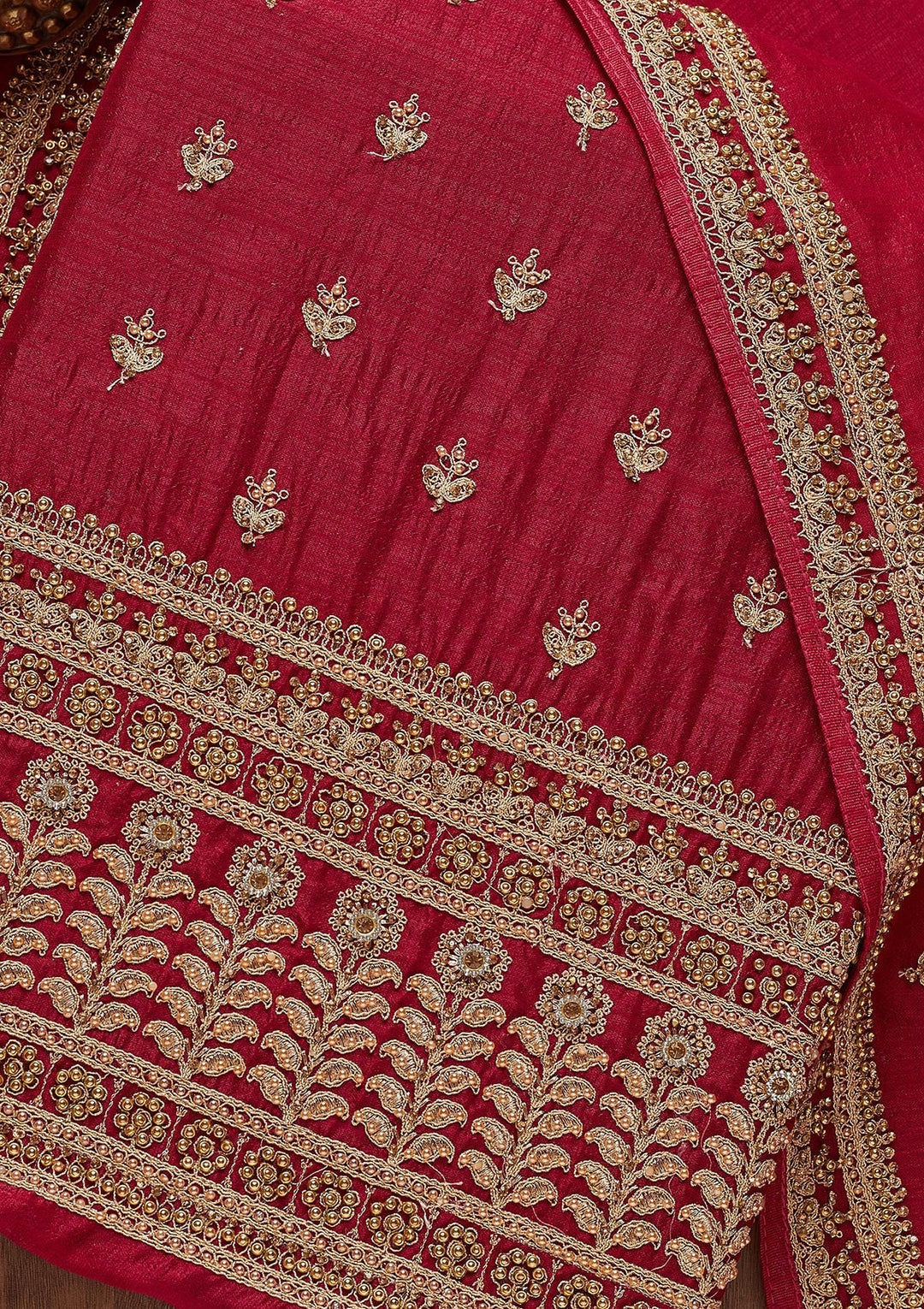Rani Pink Zariwork Raw Silk Unstitched Salwar Suit - Koskii