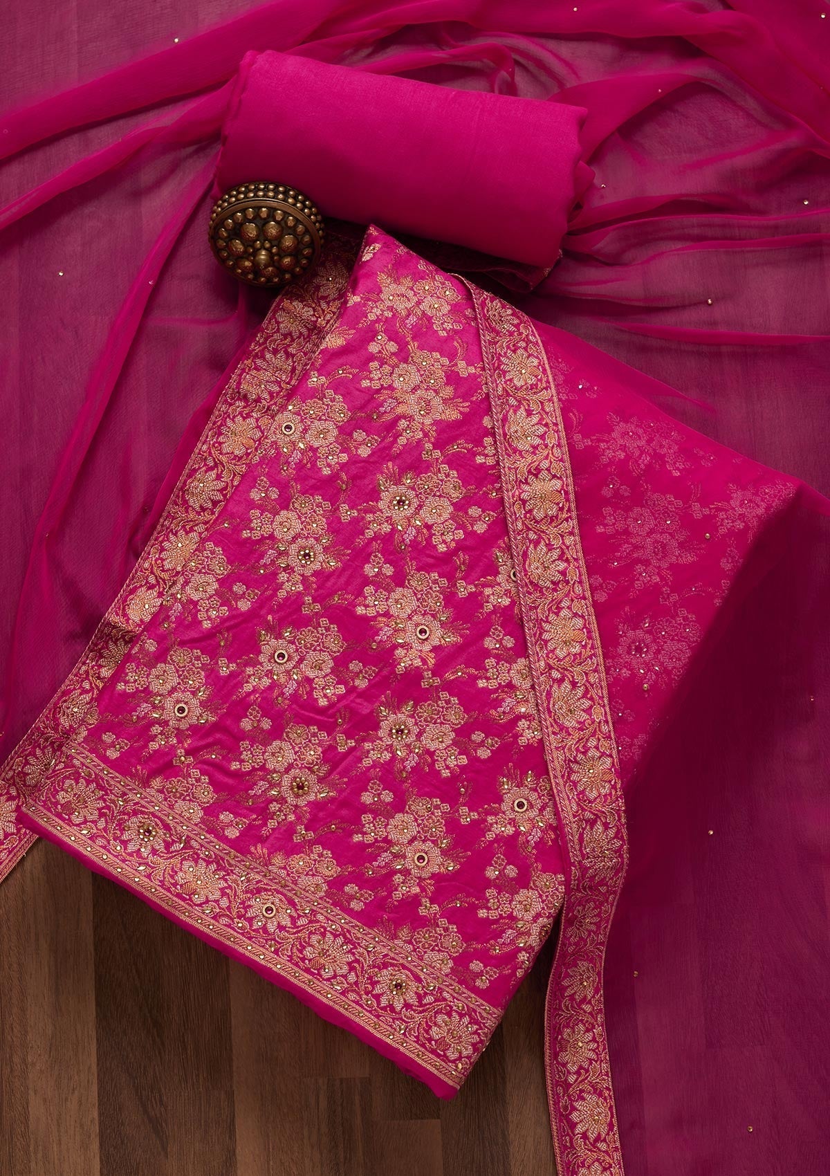 Rani Pink Zariwork Raw Silk Unstitched Salwar Suit- Koskii