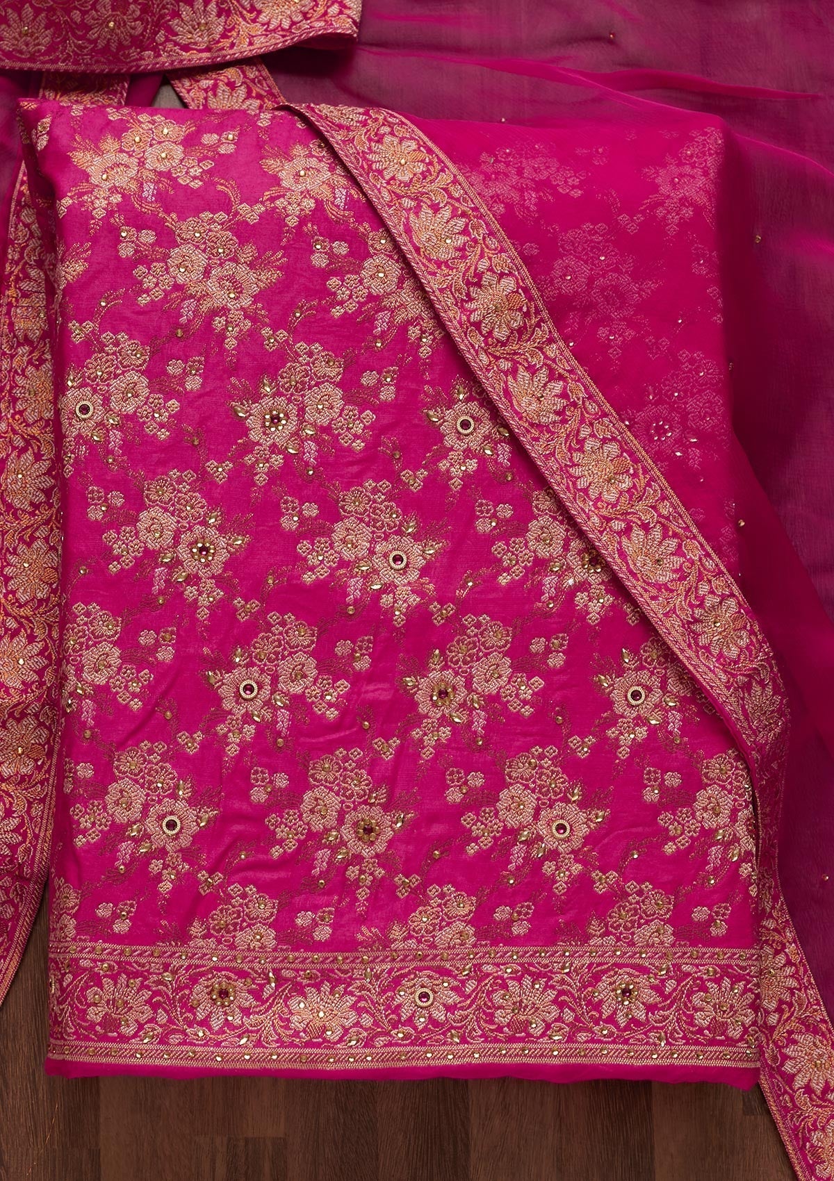 Rani Pink Zariwork Raw Silk Unstitched Salwar Suit - Koskii