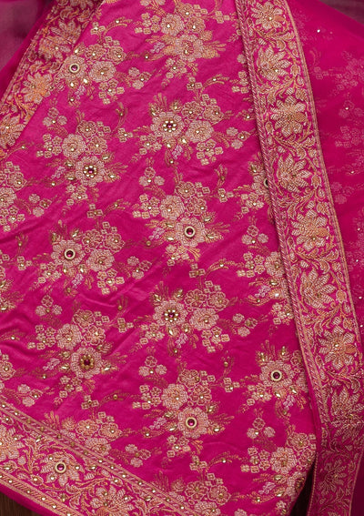Rani Pink Zariwork Raw Silk Unstitched Salwar Suit - Koskii