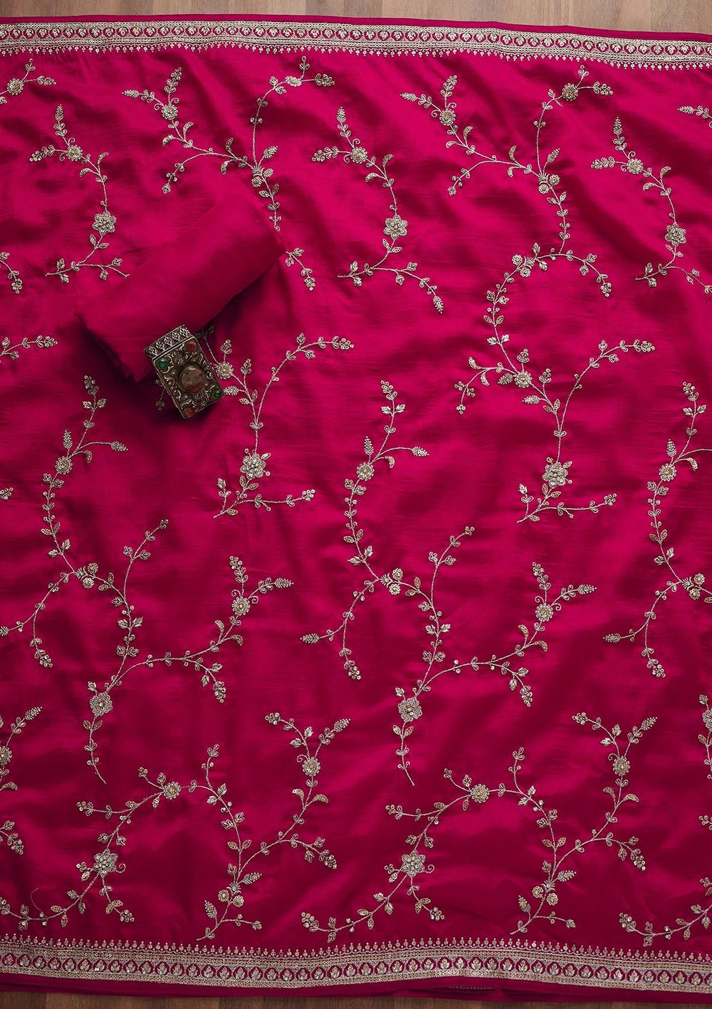 Rani Pink Zariwork Raw Silk Unstitched Salwar Suit-Koskii