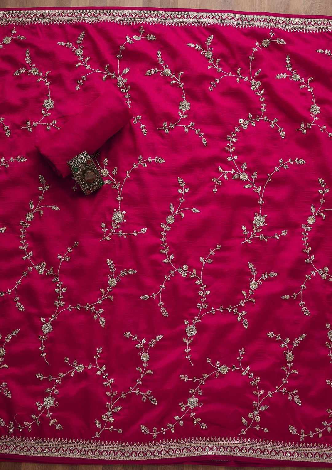 Rani Pink Zariwork Raw Silk Unstitched Salwar Suit-Koskii