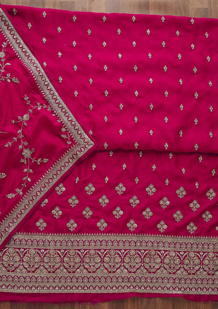 Rani Pink Zariwork Raw Silk Unstitched Salwar Suit-Koskii