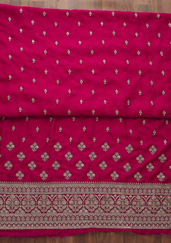 Rani Pink Zariwork Raw Silk Unstitched Salwar Suit-Koskii