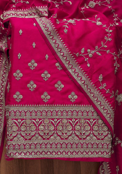Rani Pink Zariwork Raw Silk Unstitched Salwar Suit-Koskii
