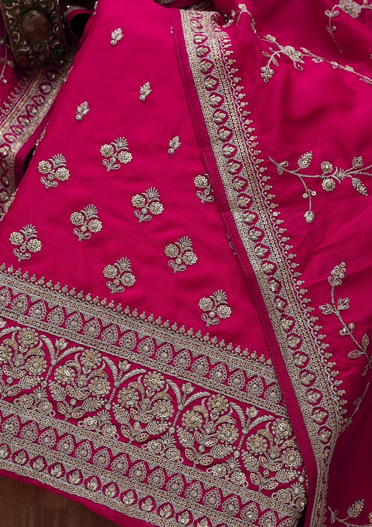Rani Pink Zariwork Raw Silk Unstitched Salwar Suit-Koskii