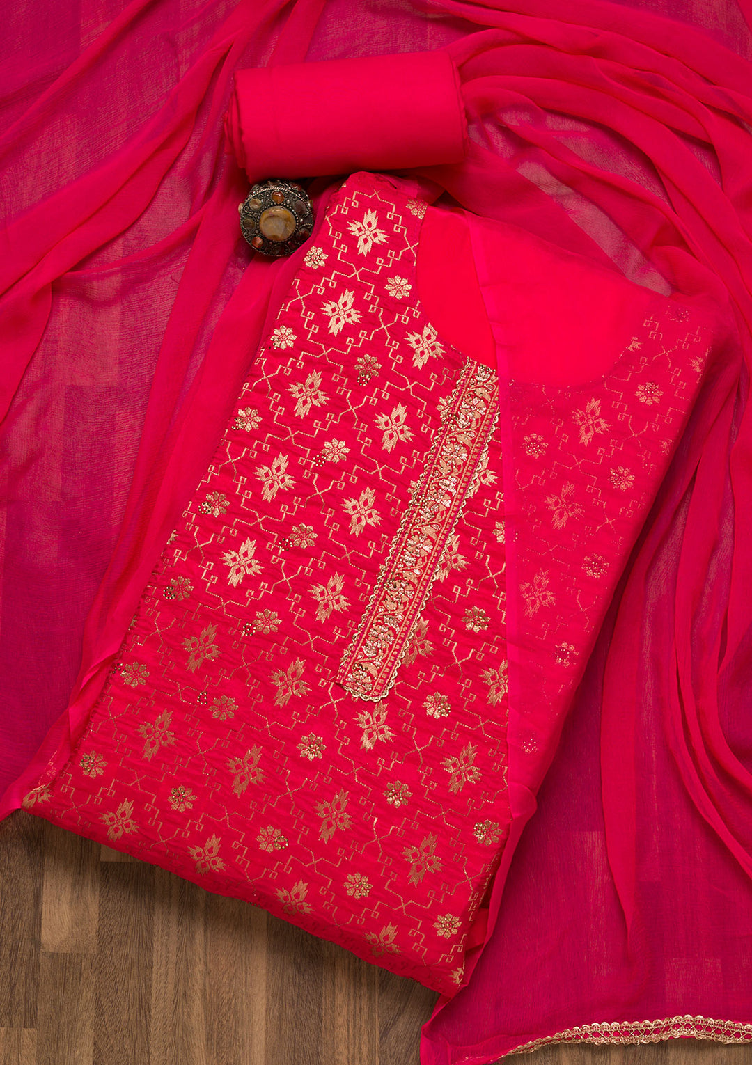 Rani Pink Zariwork Raw Silk Unstitched Salwar Suit-Koskii