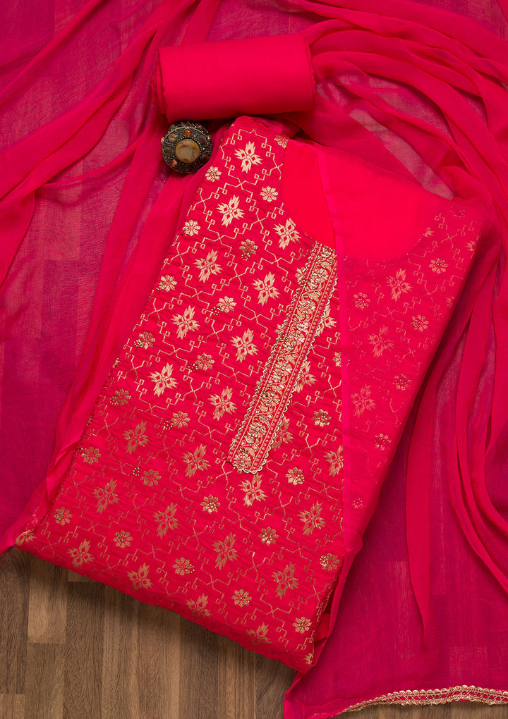 Rani Pink Zariwork Raw Silk Unstitched Salwar Suit-Koskii