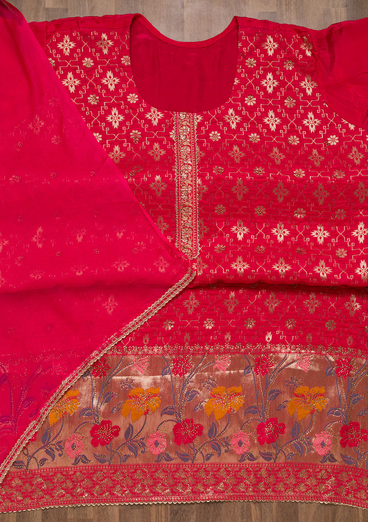 Rani Pink Zariwork Raw Silk Unstitched Salwar Suit-Koskii