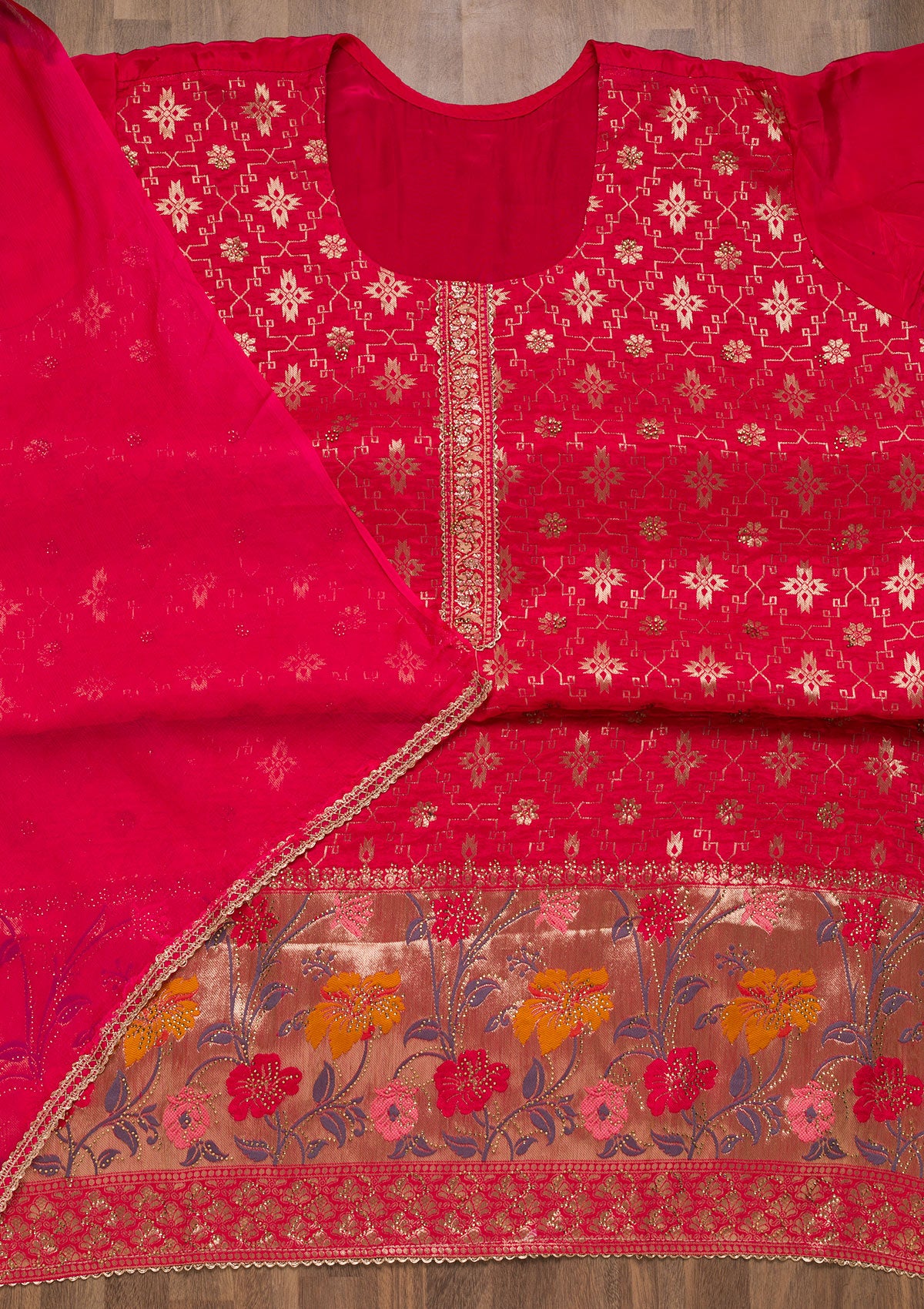 Rani Pink Zariwork Raw Silk Unstitched Salwar Suit-Koskii