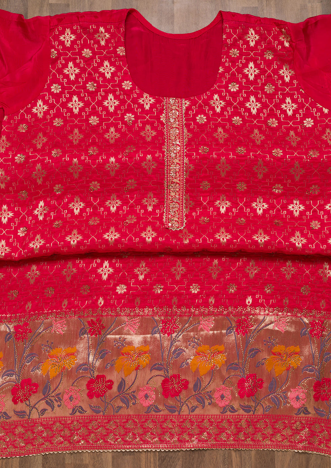 Rani Pink Zariwork Raw Silk Unstitched Salwar Suit-Koskii