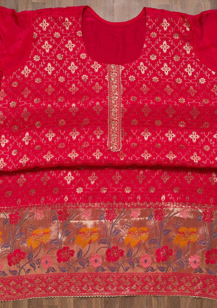 Rani Pink Zariwork Raw Silk Unstitched Salwar Suit-Koskii