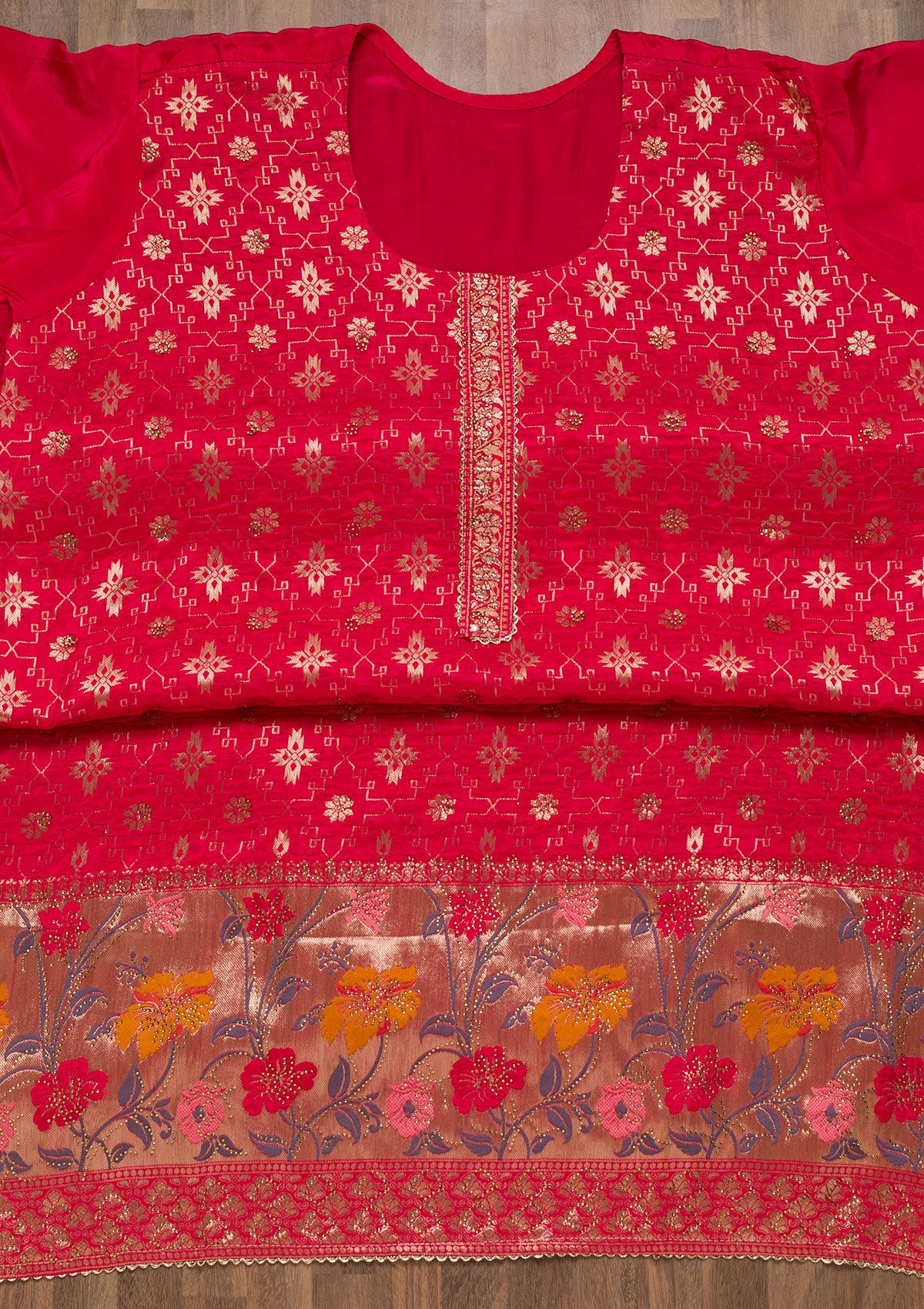 Rani Pink Zariwork Raw Silk Unstitched Salwar Suit-Koskii