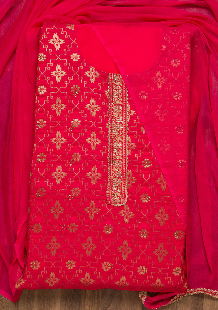 Rani Pink Zariwork Raw Silk Unstitched Salwar Suit-Koskii