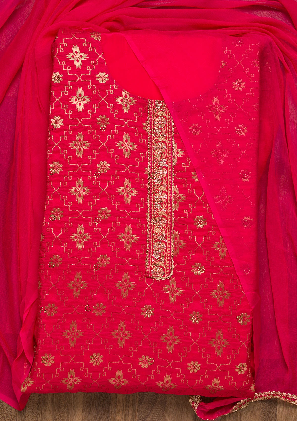 Rani Pink Zariwork Raw Silk Unstitched Salwar Suit-Koskii