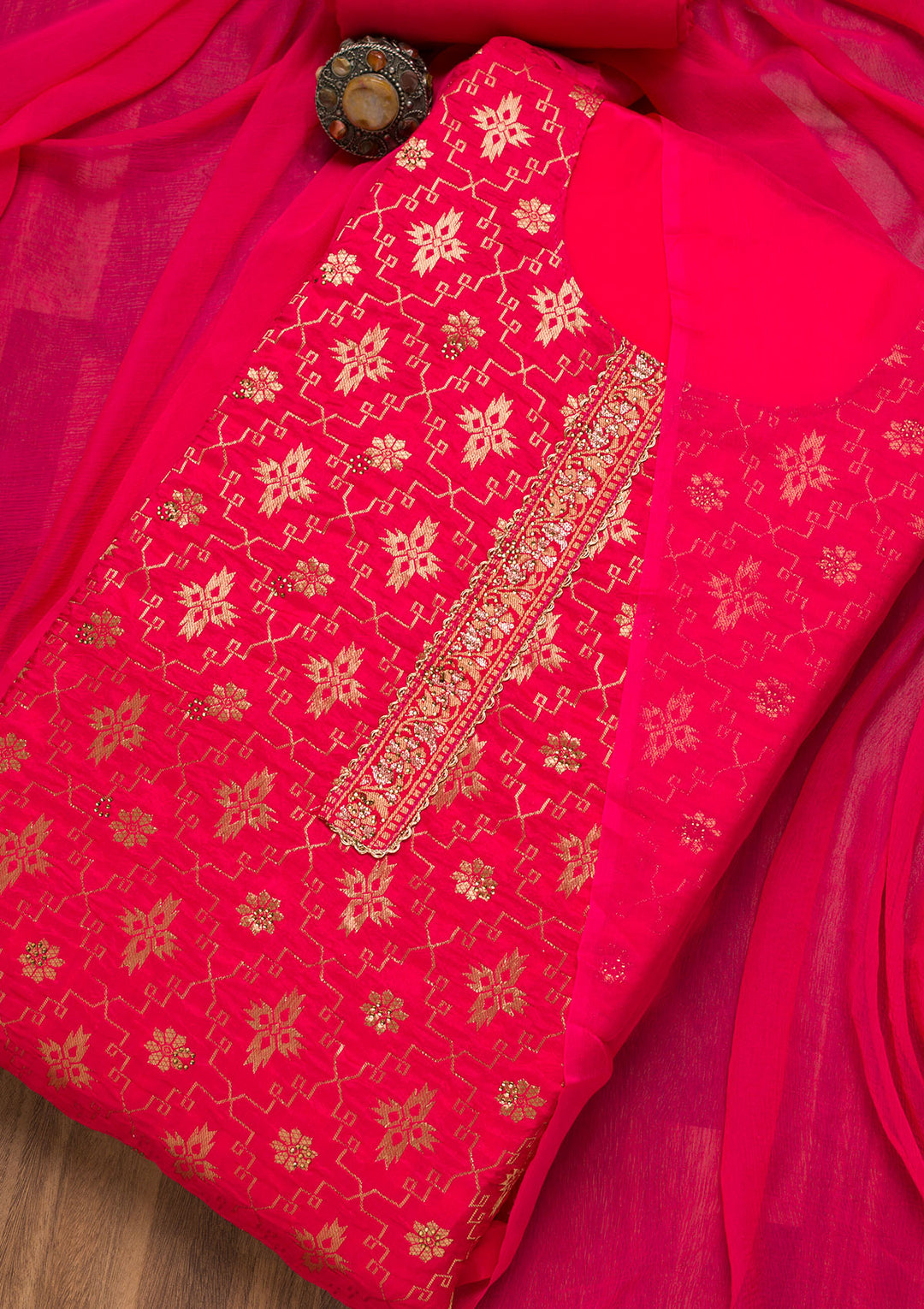 Rani Pink Zariwork Raw Silk Unstitched Salwar Suit-Koskii