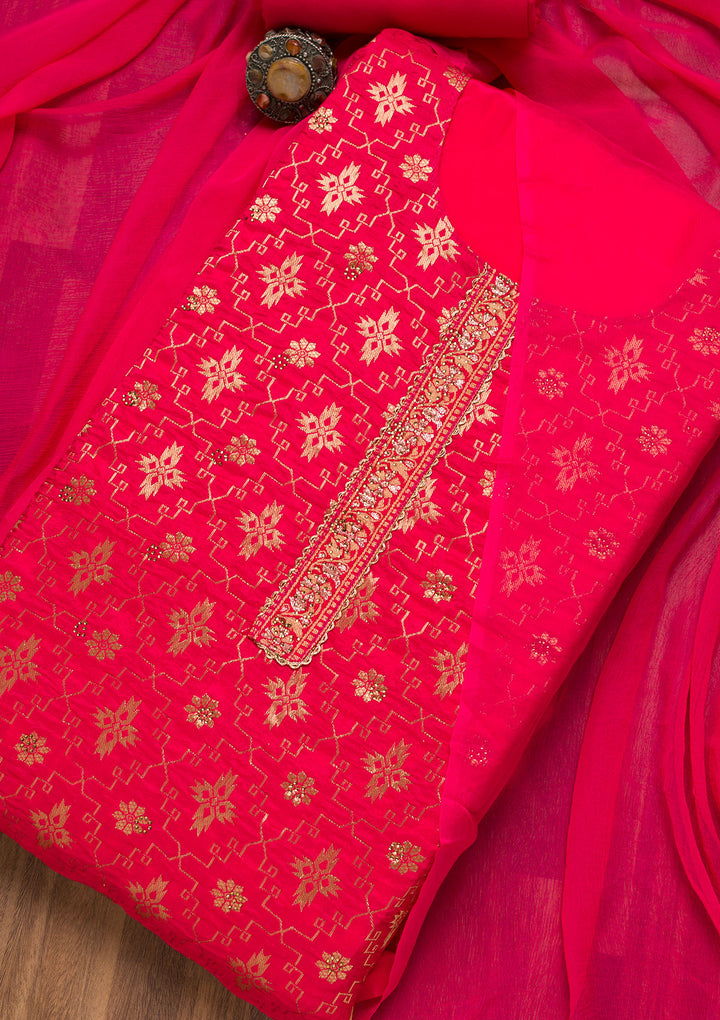 Rani Pink Zariwork Raw Silk Unstitched Salwar Suit-Koskii