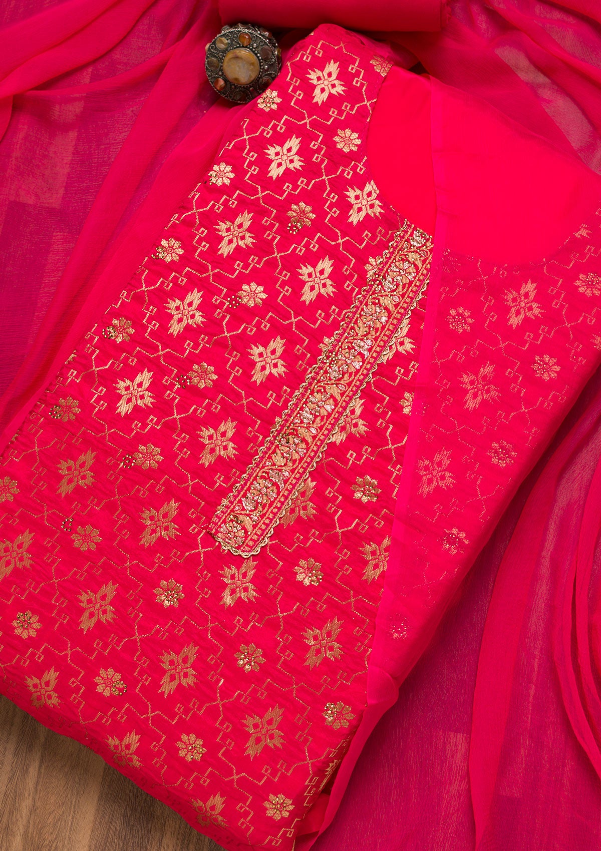 Rani Pink Zariwork Raw Silk Unstitched Salwar Suit-Koskii
