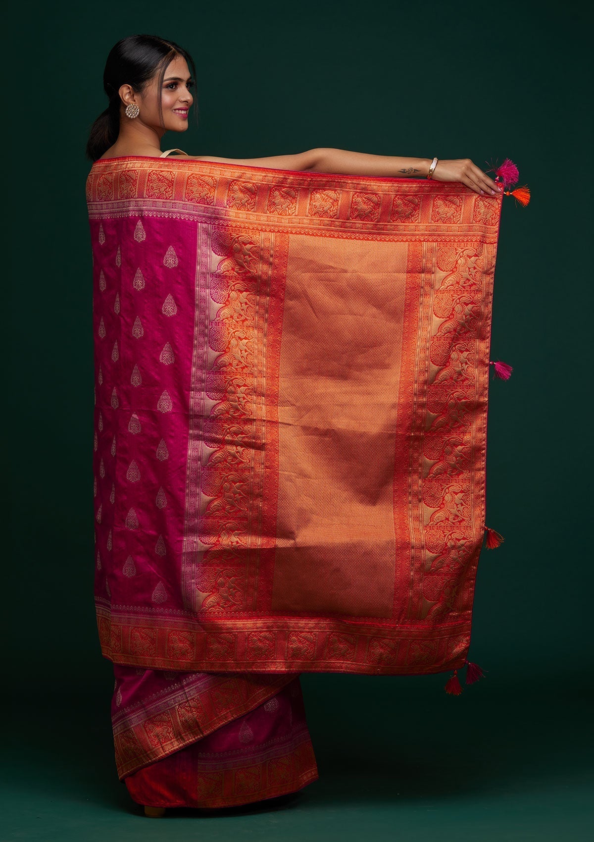 Rani Pink Zariwork Raw Silk Designer Saree - Koskii