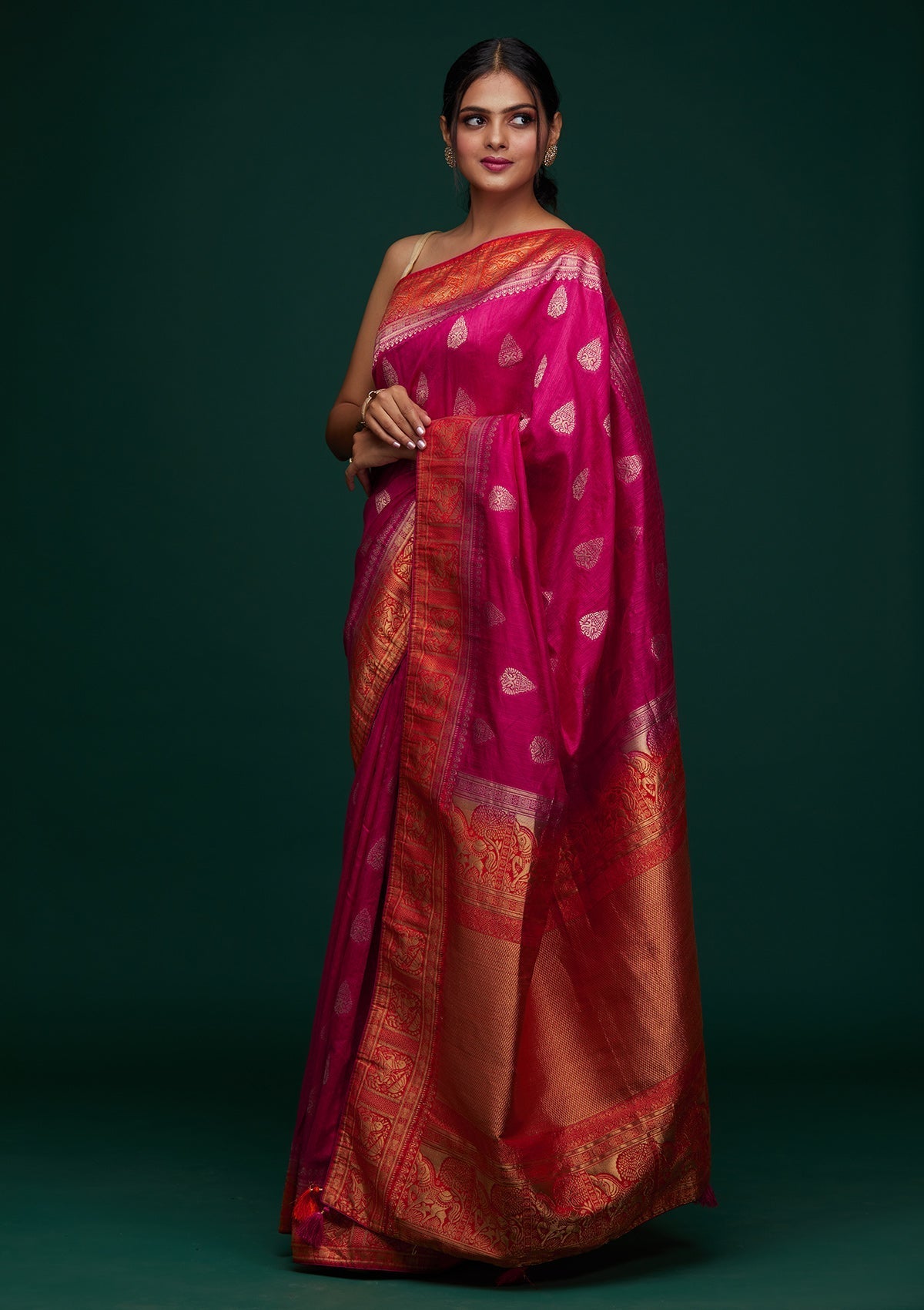 Rani Pink Zariwork Raw Silk Designer Saree - Koskii