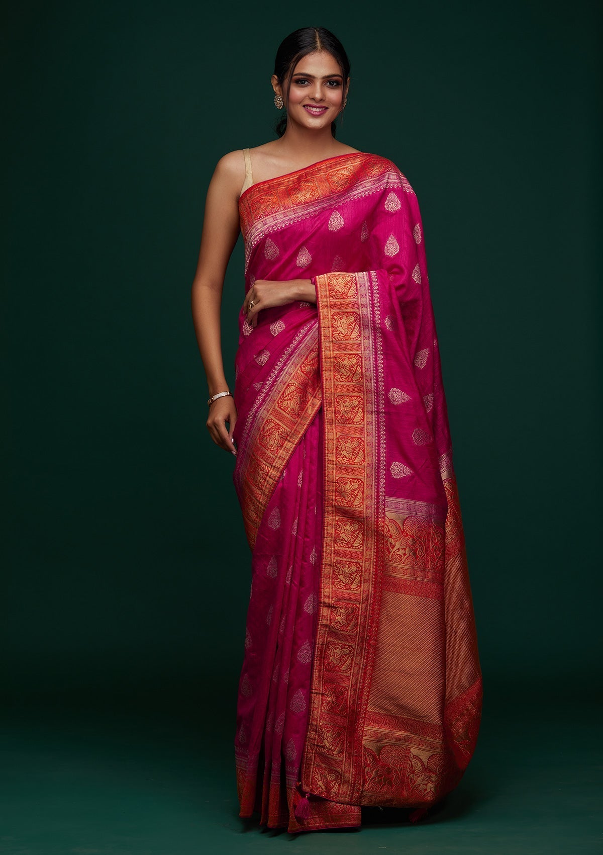 Rani Pink Zariwork Raw Silk Designer Saree - Koskii