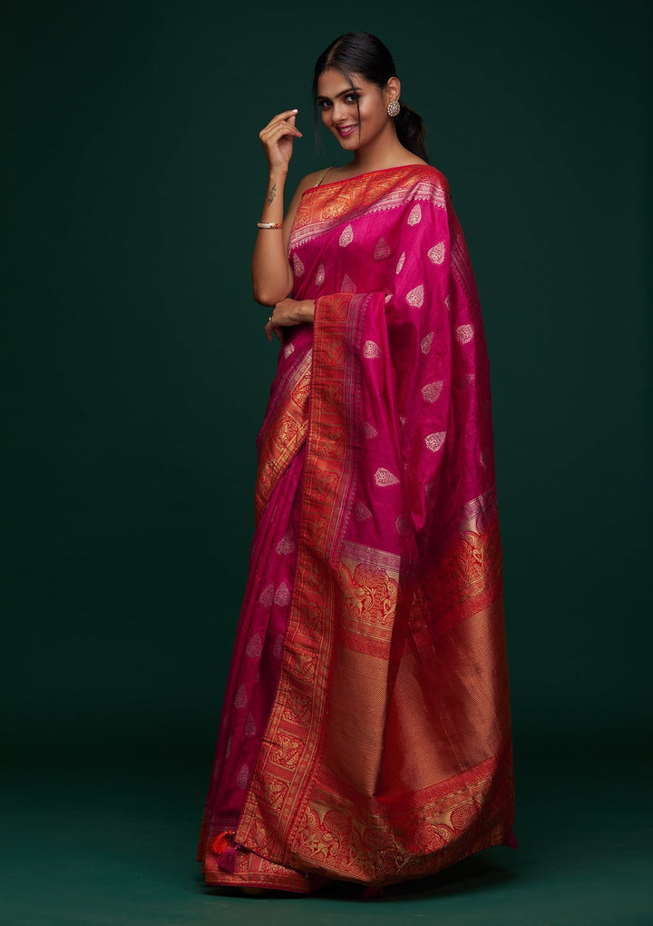 Rani Pink Zariwork Raw Silk Designer Saree - Koskii
