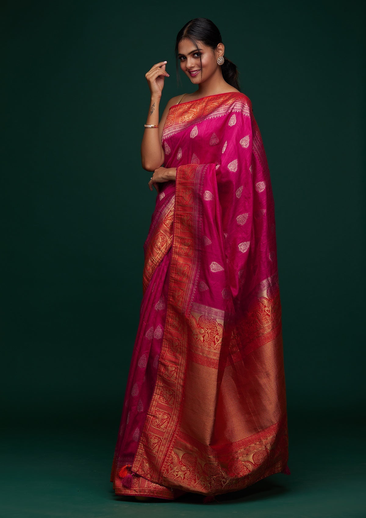 Rani Pink Zariwork Raw Silk Designer Saree - Koskii