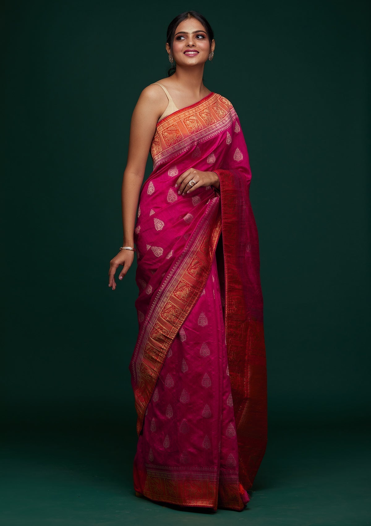Rani Pink Zariwork Raw Silk Designer Saree - Koskii