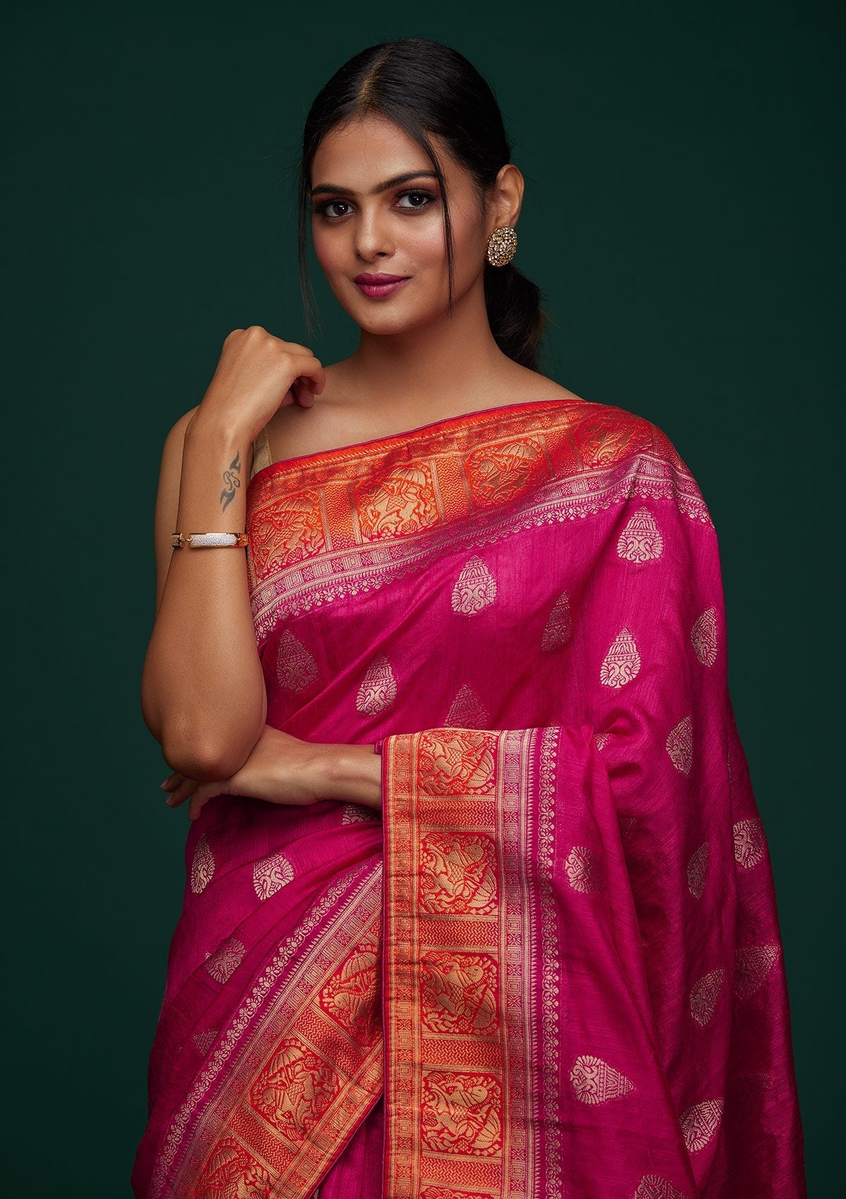 Rani Pink Zariwork Raw Silk Designer Saree - Koskii