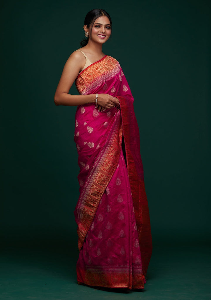 Rani Pink Zariwork Raw Silk Designer Saree - Koskii