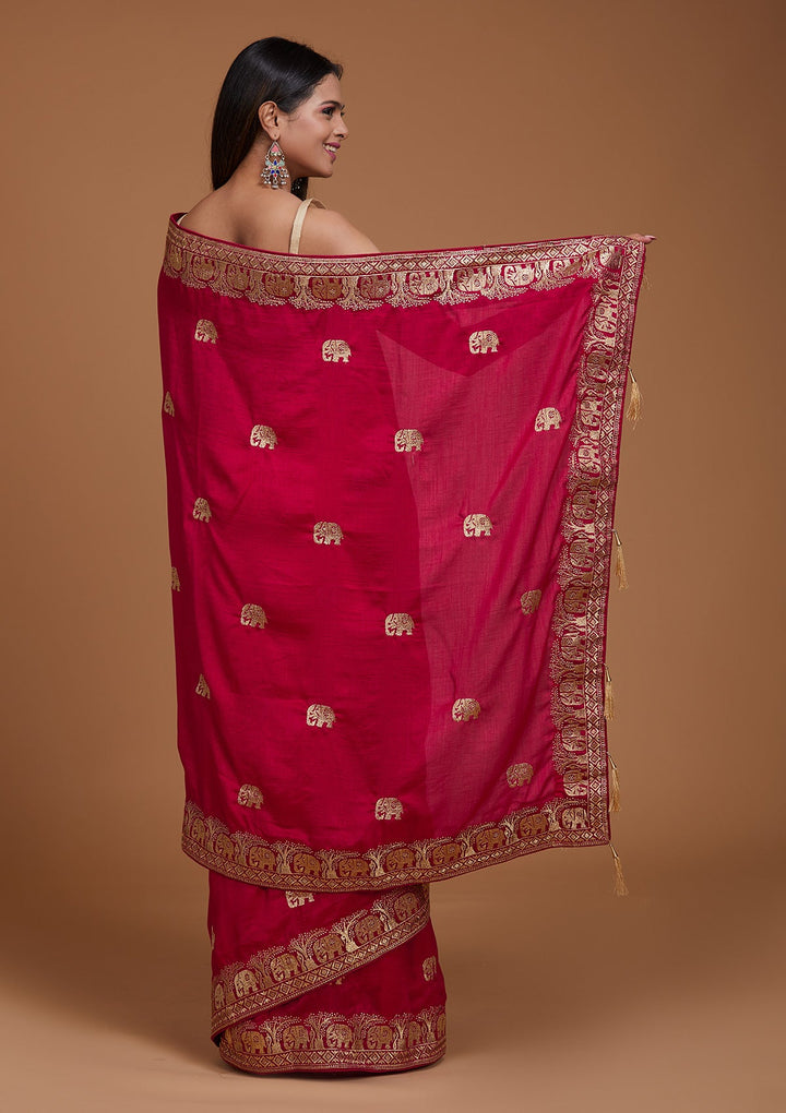 Rani Pink Zariwork Raw Silk Saree - Koskii