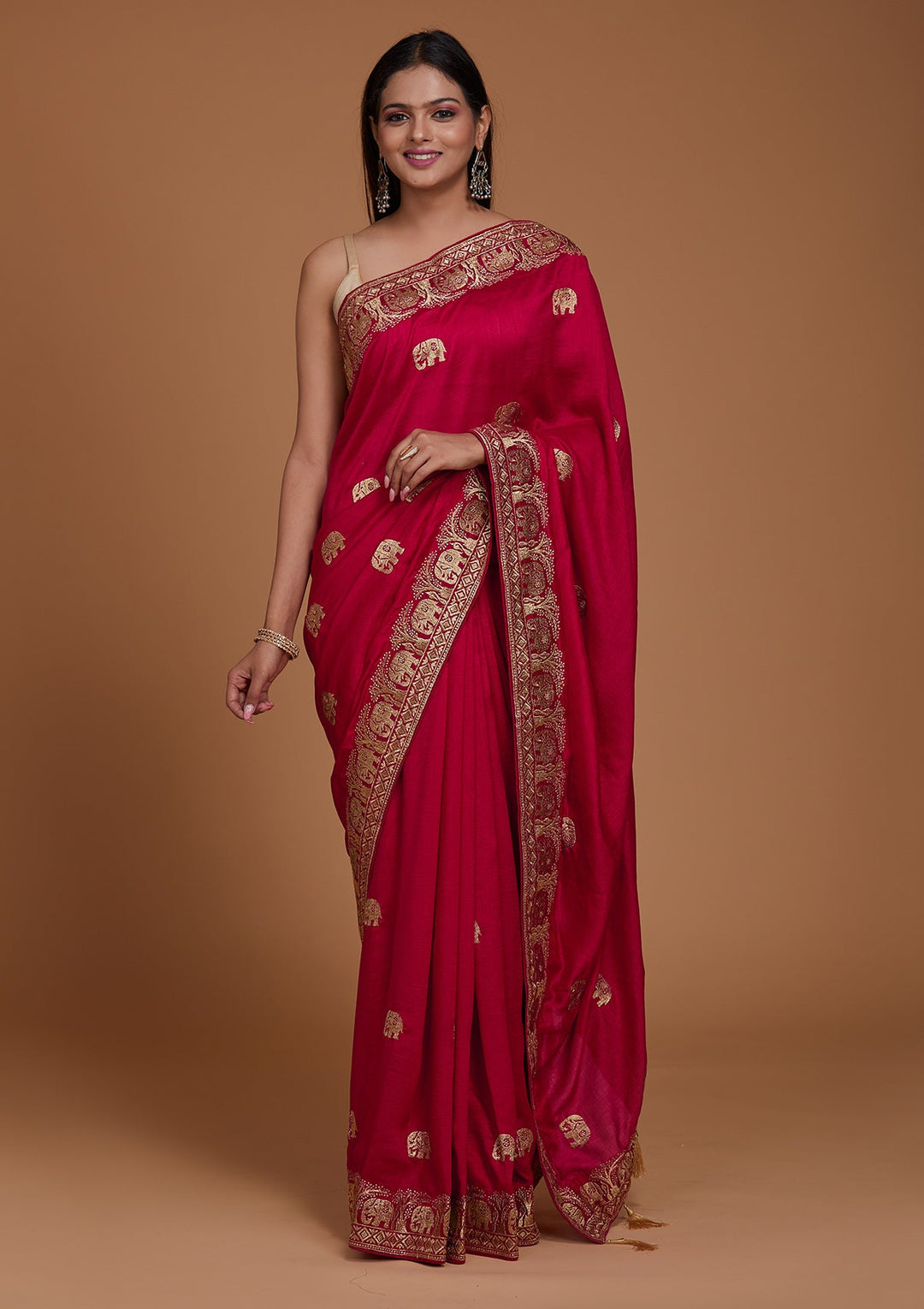 Rani Pink Zariwork Raw Silk Saree - Koskii