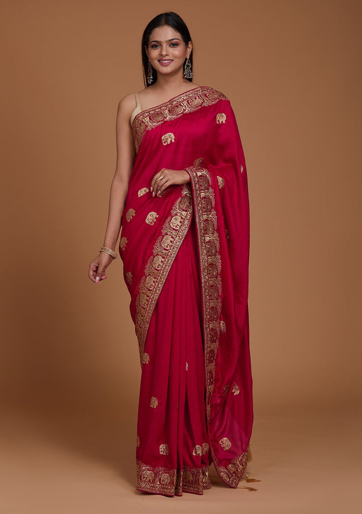 Rani Pink Zariwork Raw Silk Saree - Koskii
