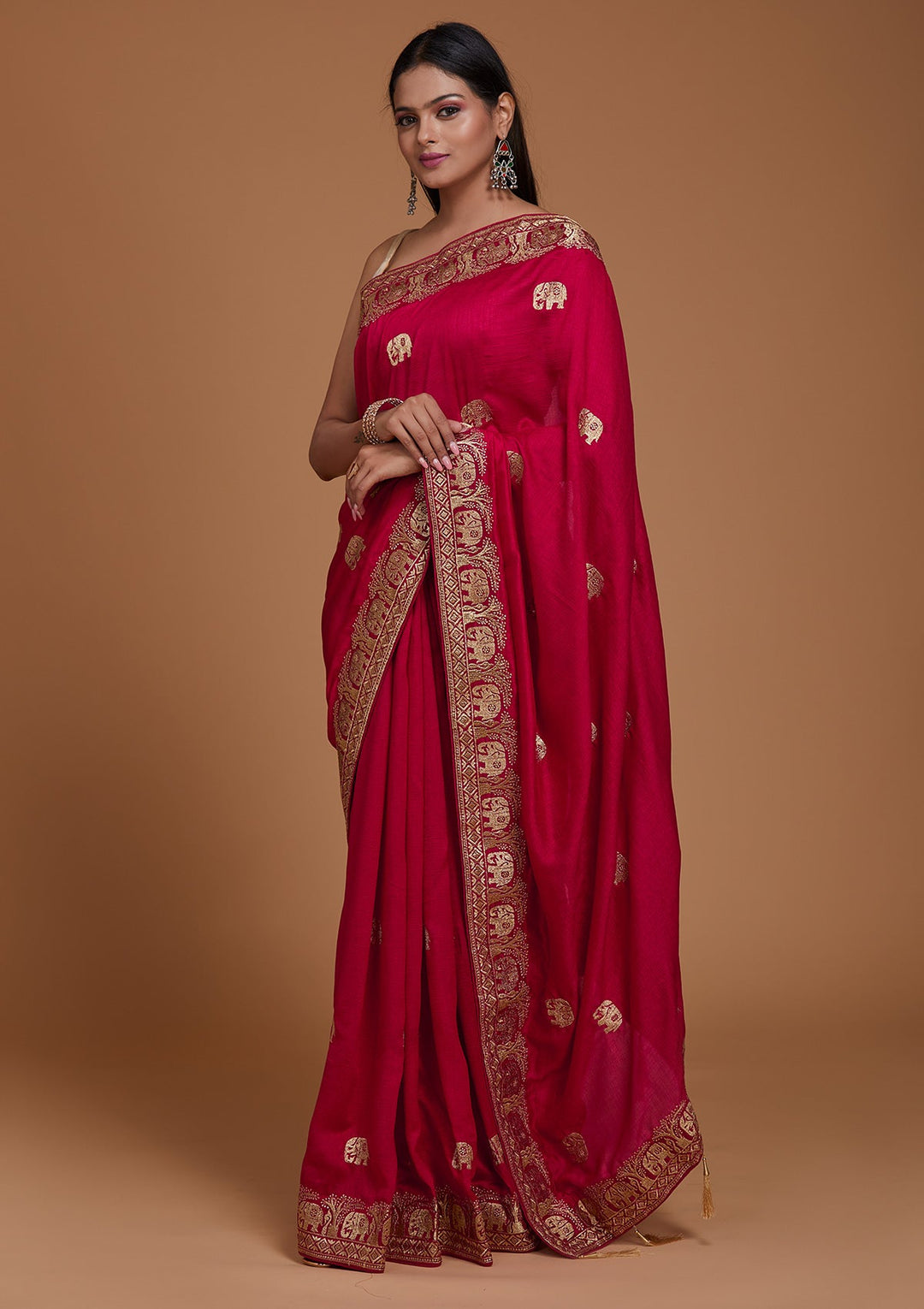Rani Pink Zariwork Raw Silk Saree - Koskii