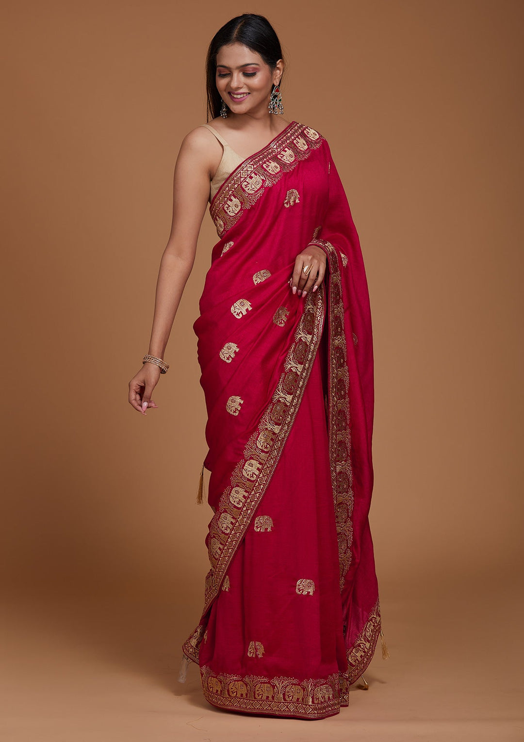 Rani Pink Zariwork Raw Silk Saree - Koskii