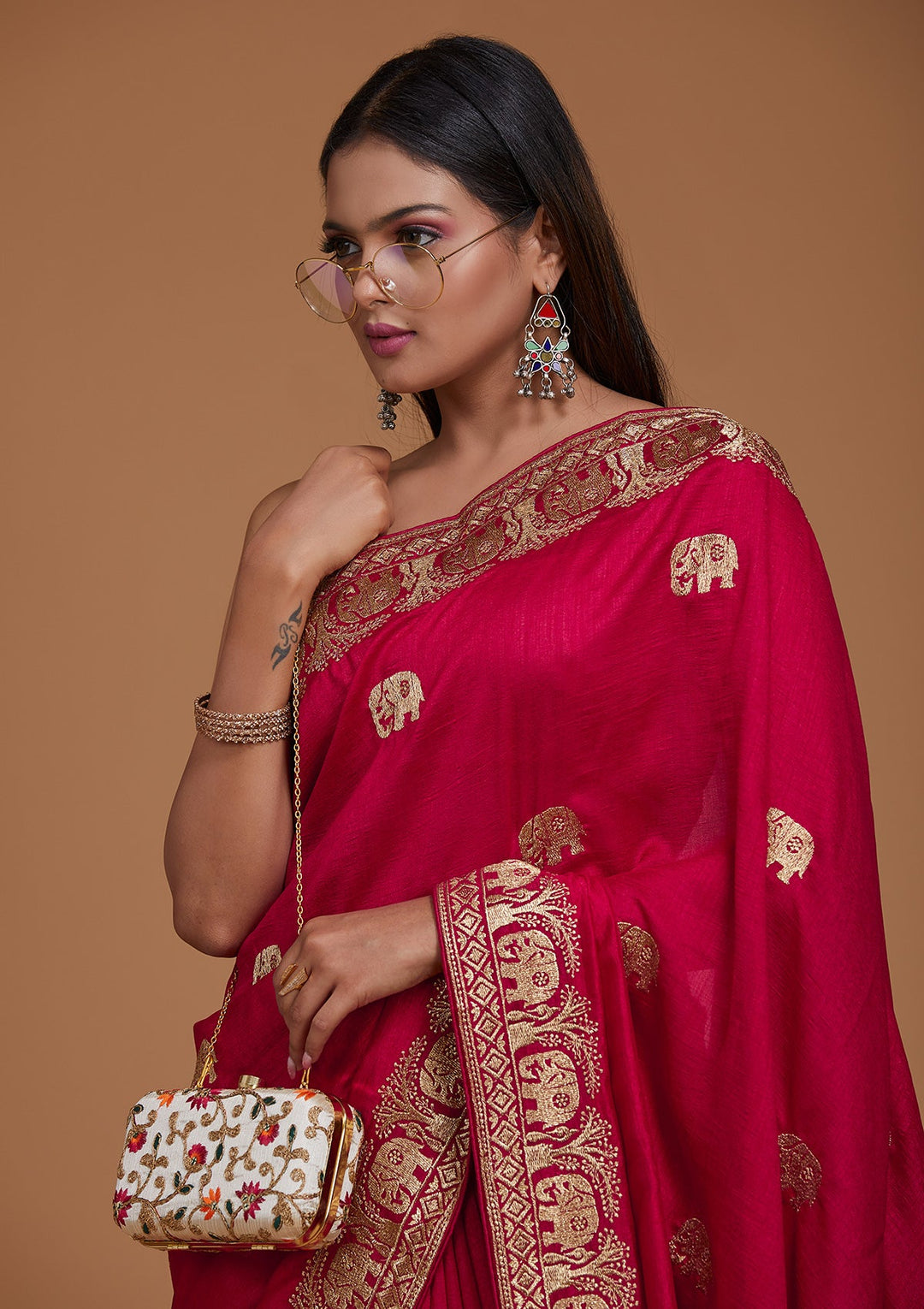 Rani Pink Zariwork Raw Silk Saree - Koskii
