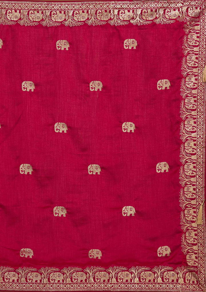 Rani Pink Zariwork Raw Silk Saree - Koskii