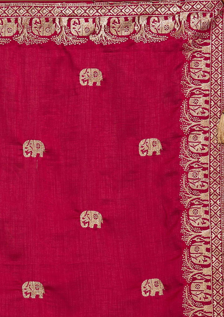 Rani Pink Zariwork Raw Silk Saree - Koskii