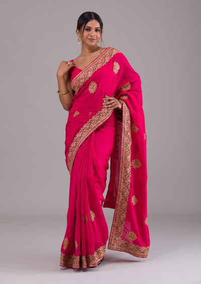 Rani Pink Zariwork Raw Silk Saree-Koskii