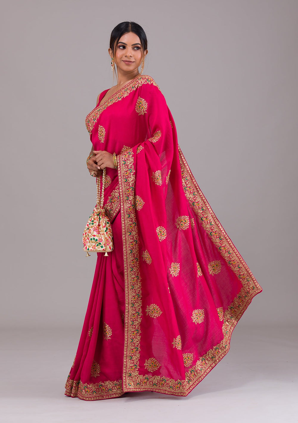 Rani Pink Zariwork Raw Silk Saree-Koskii