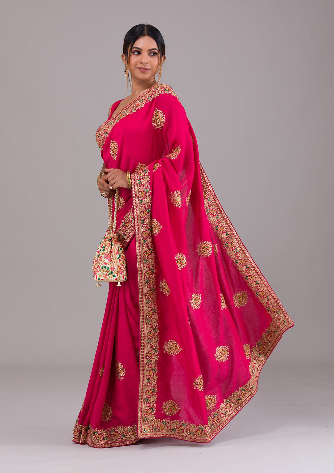Rani Pink Zariwork Raw Silk Saree-Koskii